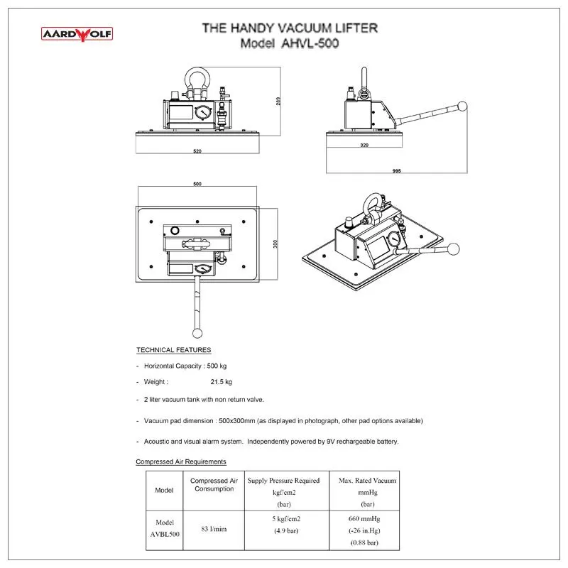 Aardwolf AHVL500 The Handy Vacuum Lifter with 4 pads