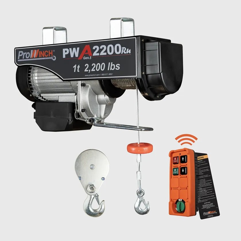 Electric Wire Rope Hoist — 1 Ton (2200 lb), 110V, 38 ft Lift, Wireless Remote