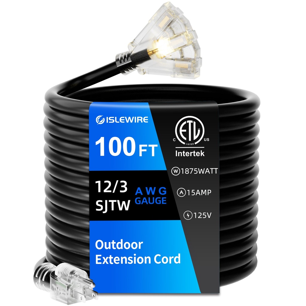 Heavy-Duty Outdoor Extension Cord — 100 ft, 12-Gauge, 3-Outlet