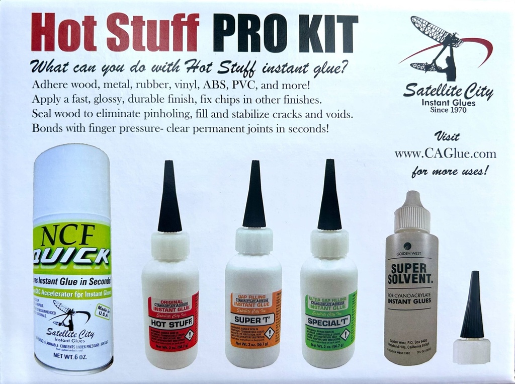 [HK-2] Satellite City Hot Stuff Pro Kit HK-2 — Complete 2 oz CA Glue Set with NCF Quick Accelerator & Debonder