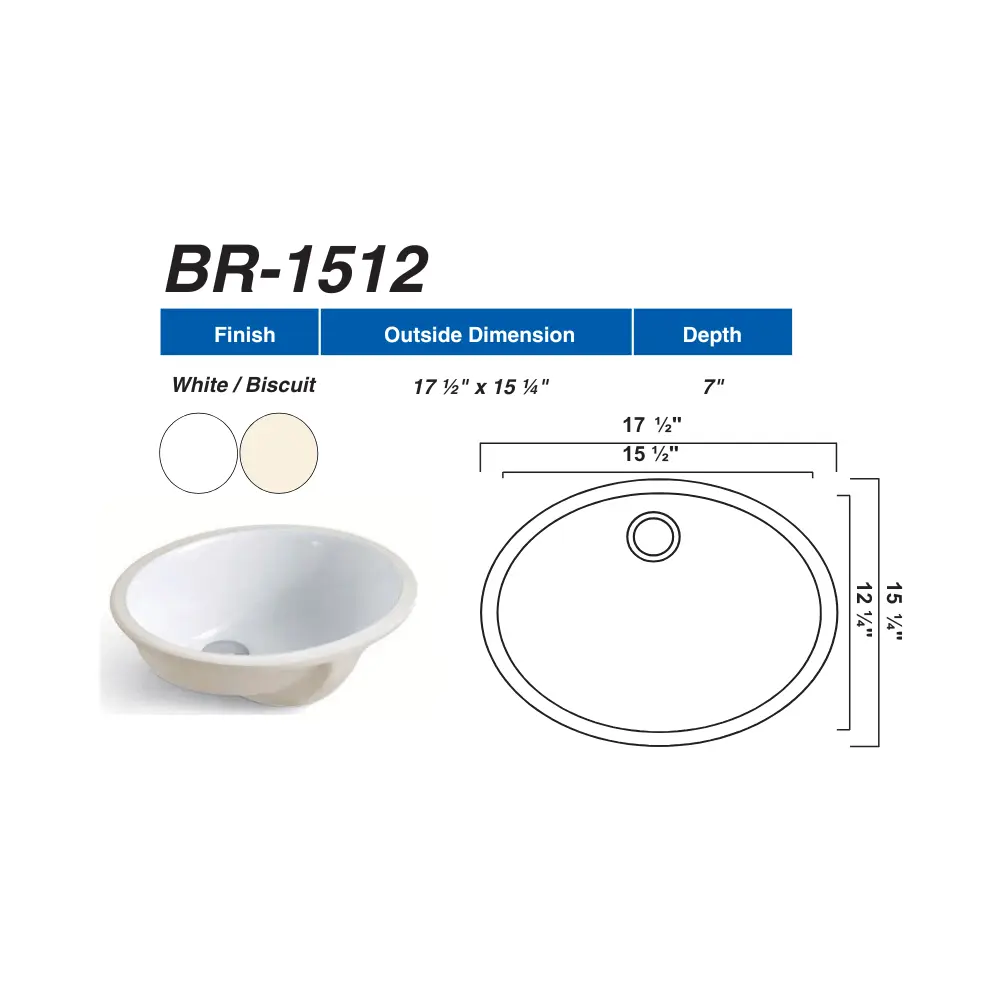 BR1512W - White Color Oval Vanity Sink In. (15-1/2" x 12-1/4") - Out. (17-1/2" x 15-1/4" x 7") 