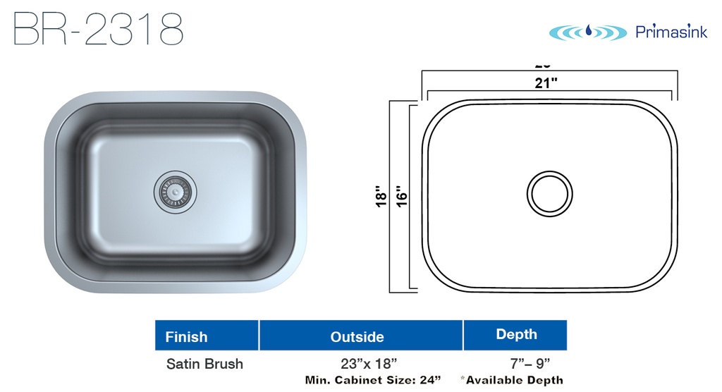 [BR-2318-7] PrimaSink BR-2318-7 23 x 18 Single bowl Undermount Kitchen Sink - 18 Gauge Stainless Steel