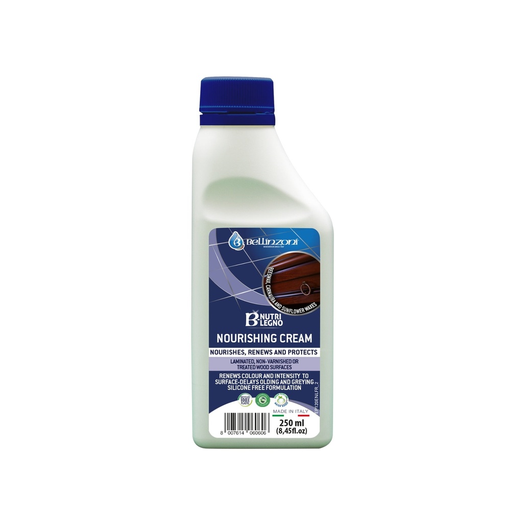 Bellinzoni B-Nutri Legno — Natural Wood Cream with Beeswax, Carnauba & Sunflower Oil: Nourishes, Protects & Polishes (250 mL)