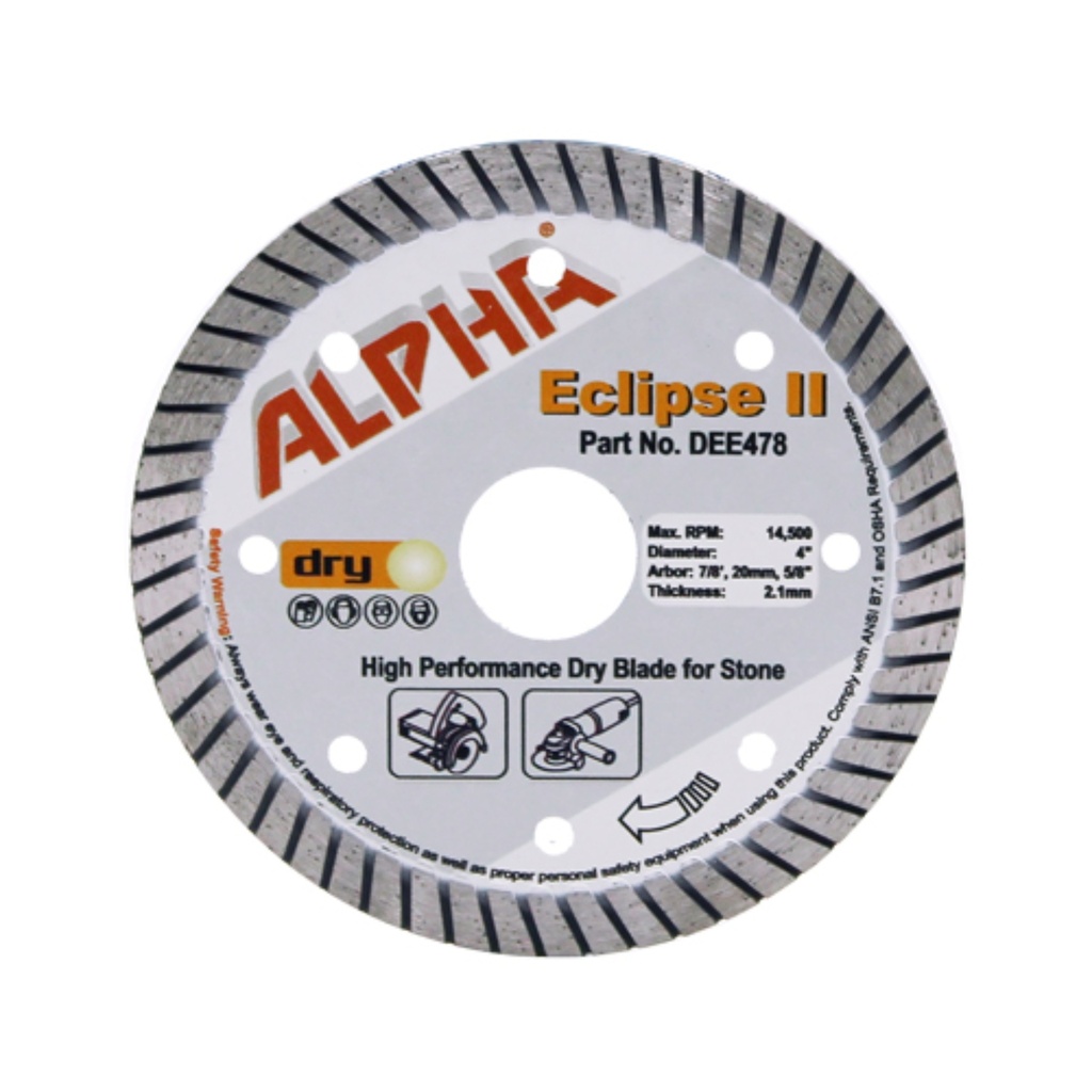 [DEE478] Alpha Eclipse II 4" High Performance Dry Blade for Stone, 2.1mm, 14,500 RPM, 7/8", 20mm, 5/8" Arbors