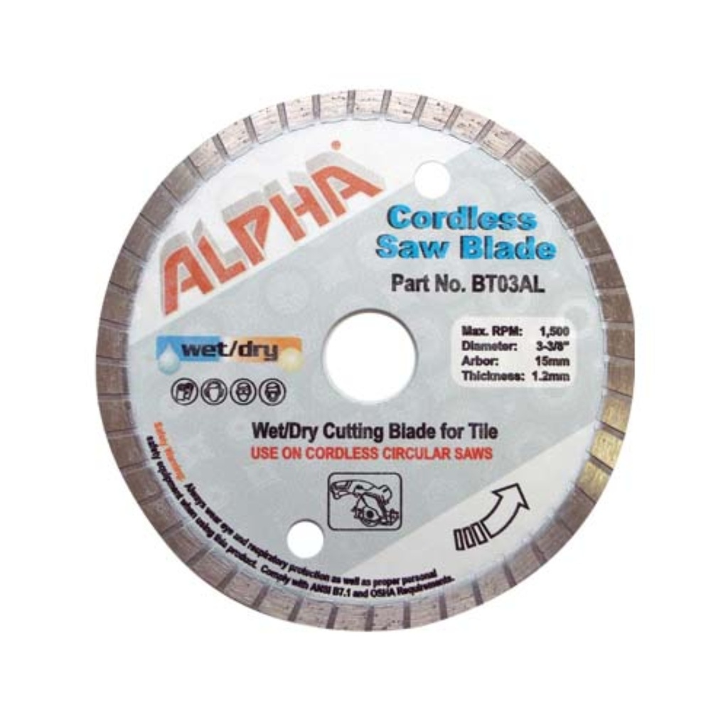 [BT03AL] Alpha® Wet/Dry Cordless Saw Blade for Ceramic Tile (3-3/8", 1.2mm, 15mm Arbor)
