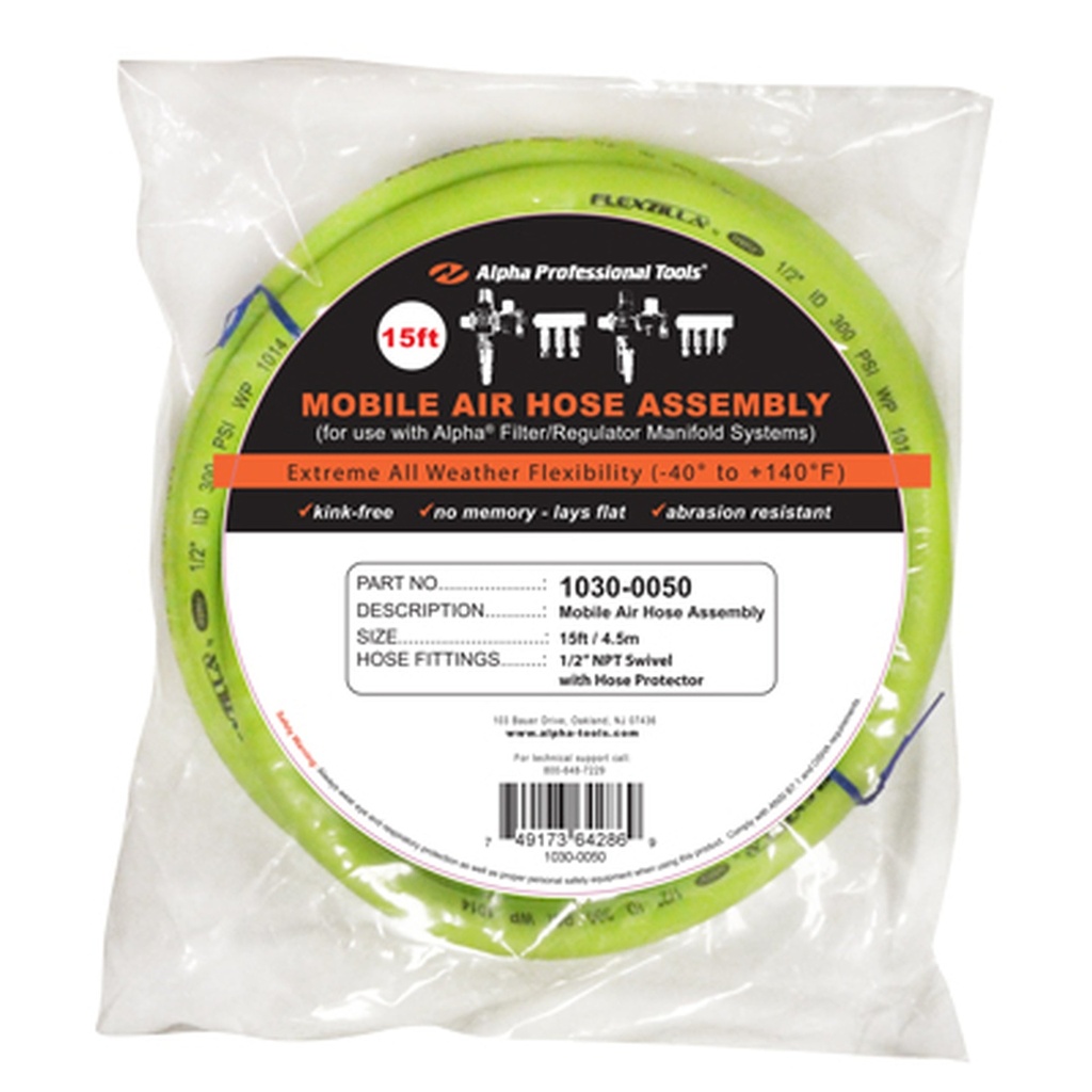 Alpha Professional Tools Mobile Air Hose 25’ (1/2” NPT Swivel)
