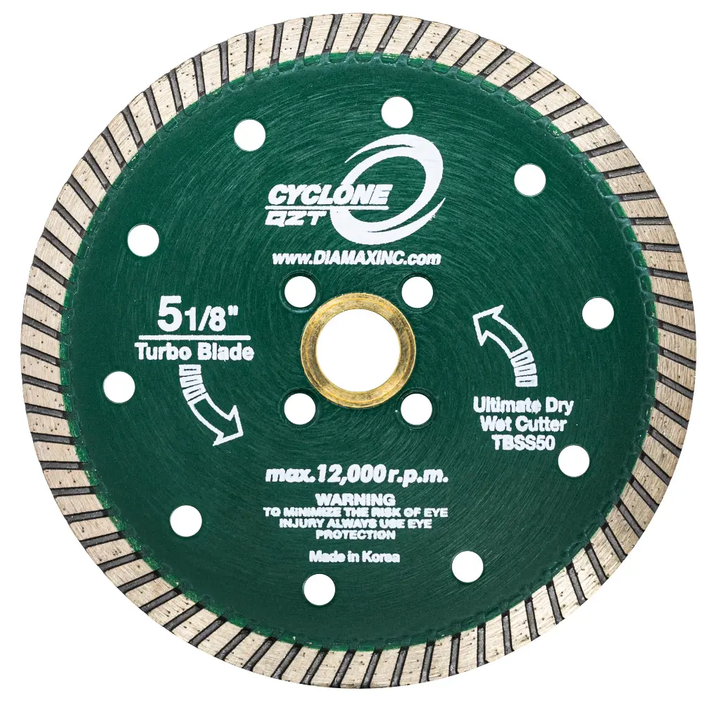 Diamax Cyclone QZT Turbo Blade - 5-1/8" Dry Use for Quartzite, Granite and Engineered Stone - 5/8”, 7/8” and 20mm Arbor Size - 12,000 RPM