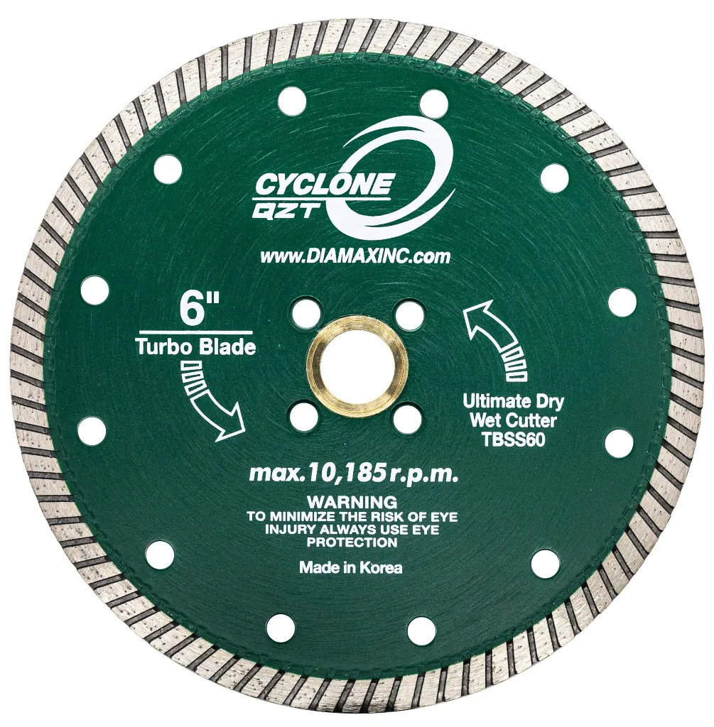 Diamax Cyclone QZT Turbo Blade - 6" Dry Use for Quartzite, Granite and Engineered Stone - 5/8”, 7/8” and 20mm Arbor Size - 10,185 RPM