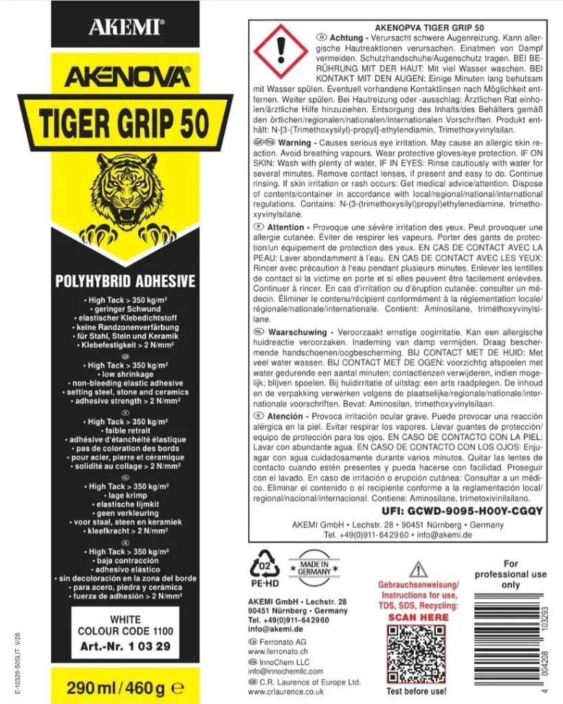 Akemi Akenova Tiger Grip 50 Adhesive 290 mL Cartridge