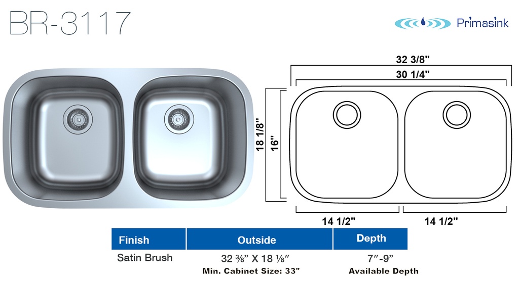 [BR-3117R50] PrimaSink BR-3117R50 32-3/8'' x 18-1/8'' 50/50 Double bowl Undermount Kitchen Sink - 18 Gauge Stainless Steel