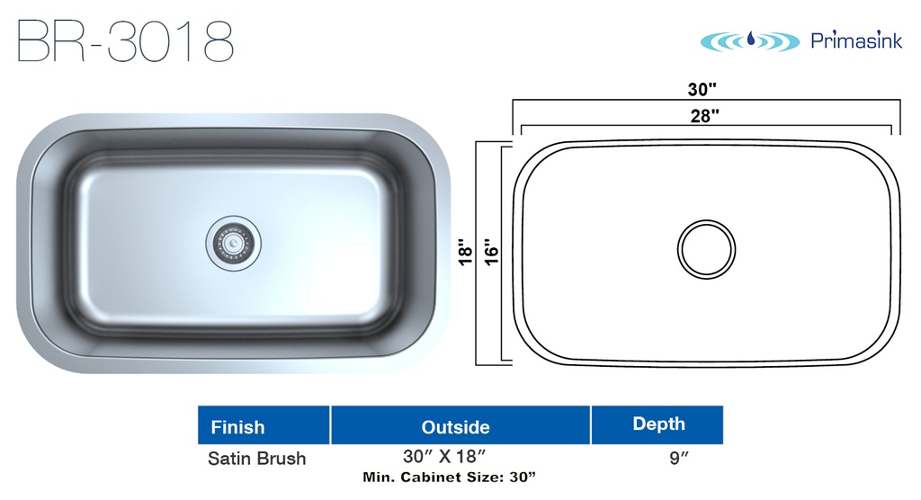 [BR-3018R50] PrimaSink BR-3018R50 30'' x 18'' Single bowl Undermount Kitchen Sink - 18 Gauge Stainless Steel