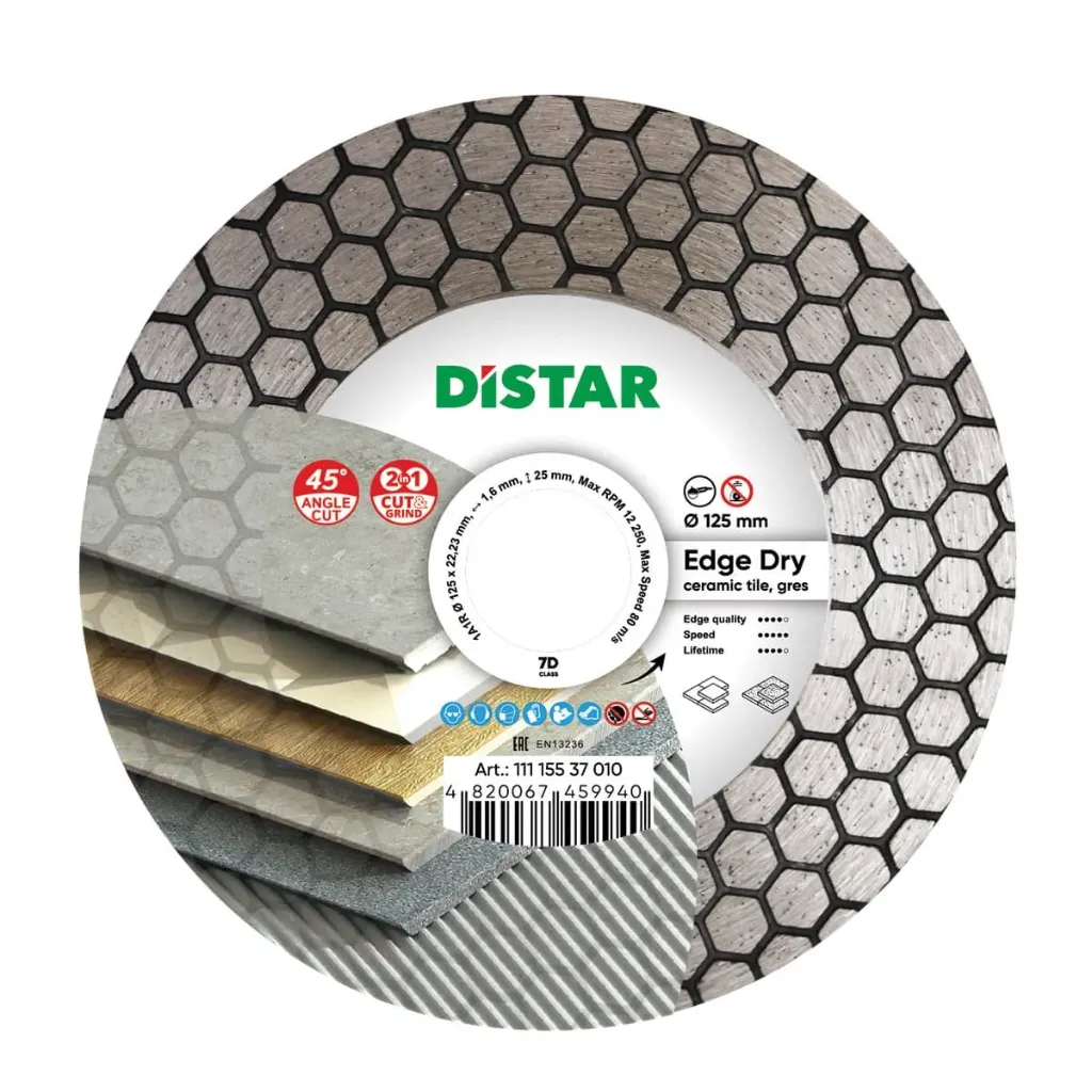 DiStar Edge Dry 5" Diamond Blade for Ceramic & Porcelain — 45° Miter Cut & Grind, Dry