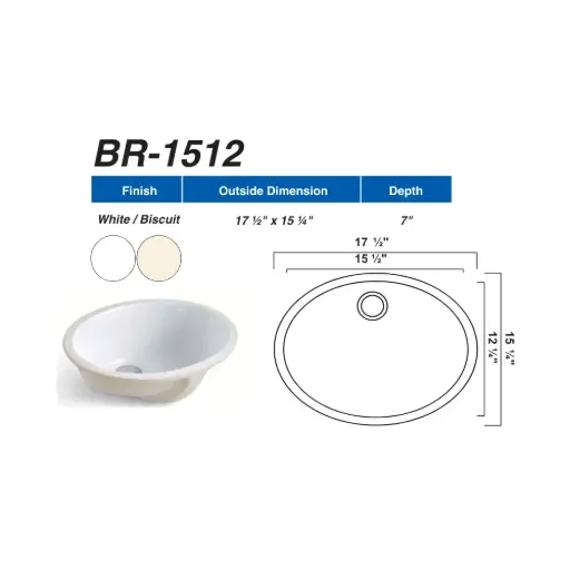 [BR1512W] BR1512W - White Color Oval Vanity Sink In. (15-1/2" x 12-1/4") - Out. (17-1/2" x 15-1/4" x 7") 