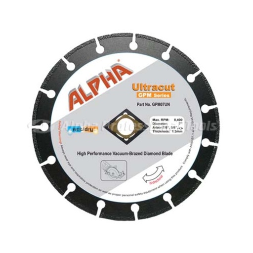 [GPM08UN] Alpha® Ultracut GPM Series The Ultimate Vacuum-Brazed Diamond Blade (8", 1.9mm, 20mm Thick, 7/8", 5/8", ◊ Arbor)